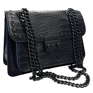 Badgley Mischka Black Vegan Leather Crocodile Crossbody/Lock & Studs Chain Strap